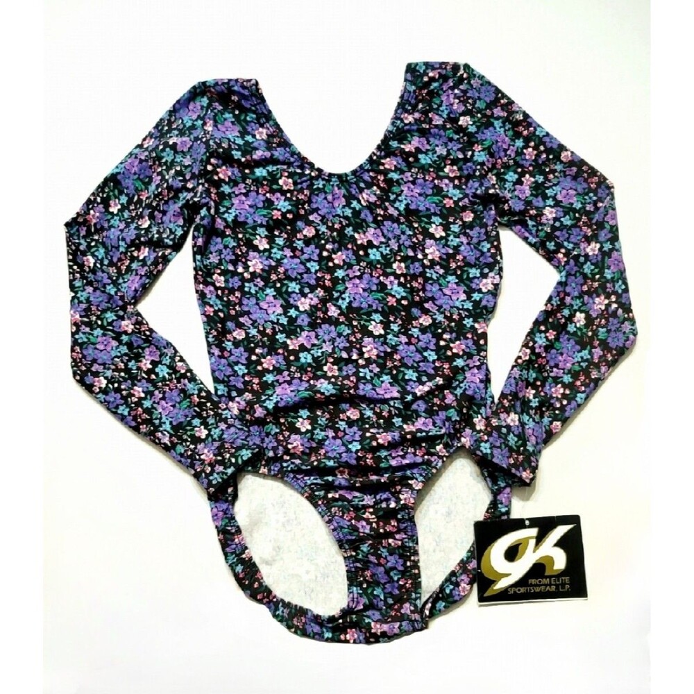 GK Elite VTG Field of Flowers Cotton Blend LS Leotard Bodysuit Purple AS Adult S